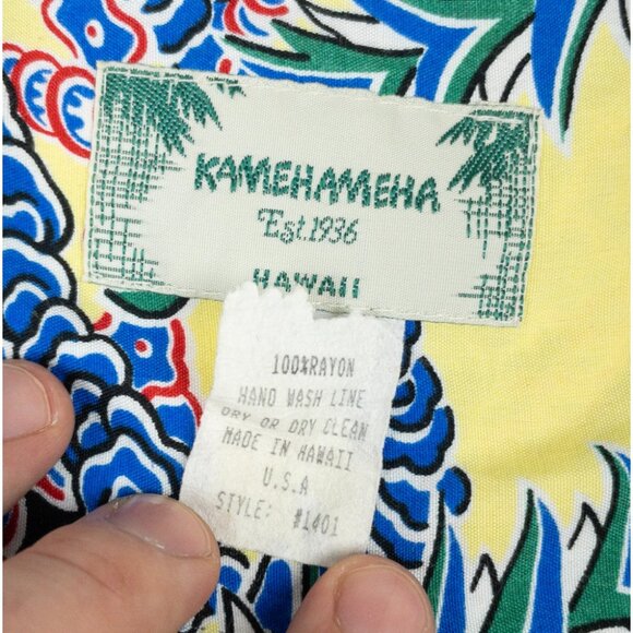Kamehameha Hawaiian Shirt Lei Lady Mens XL Yellow Tropical Print Rayon USA Aloha - Picture 3 of 15